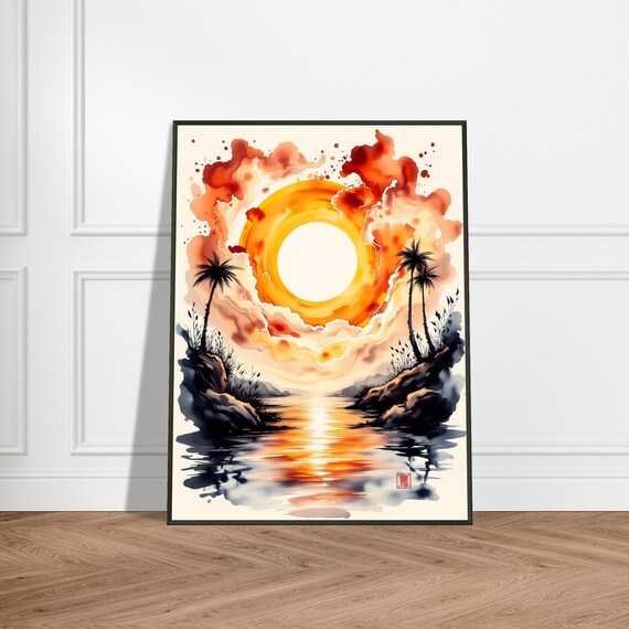 Japanese Tropical Sunset Palm Trees Orange Watercolor Style Poster
