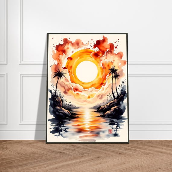Metal Framed Japanese Tropical Sunset Print Watercolor Orange Sun Ocean Art Zen Beach Wall Decor Relaxing Gift