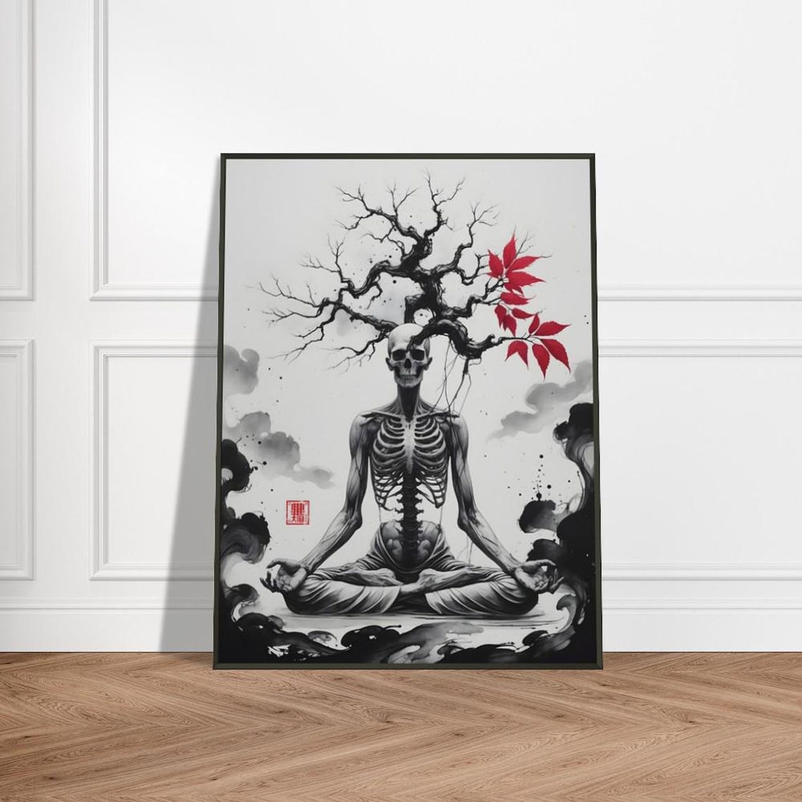 Meditating Skeleton Beneath a Bare Red-Leaved Tree Ink Poster