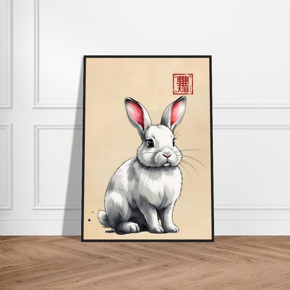 Japanese Rabbit Art Print White Bunny With Soft Pink Ears Traditional Asianinspired Minimalist Painting Zen Animal Wall Decor