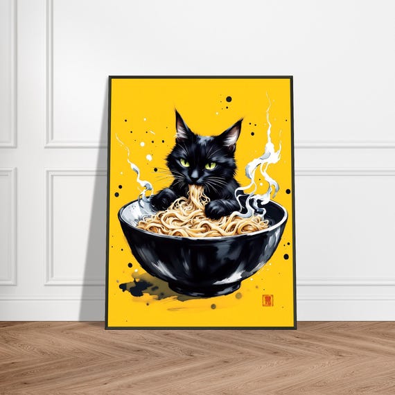 Black Cat In Ramen Bowl Japanese Art Print Whimsical Noodle Illustration Bold Yellow Wall Decor Modern Kawaii Artwork