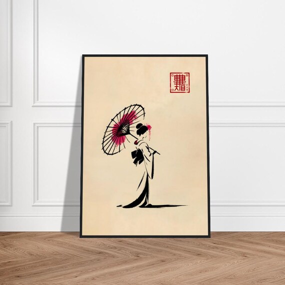 Geisha Silhouette in Profile Holding Red Paper Umbrella Ink Poster