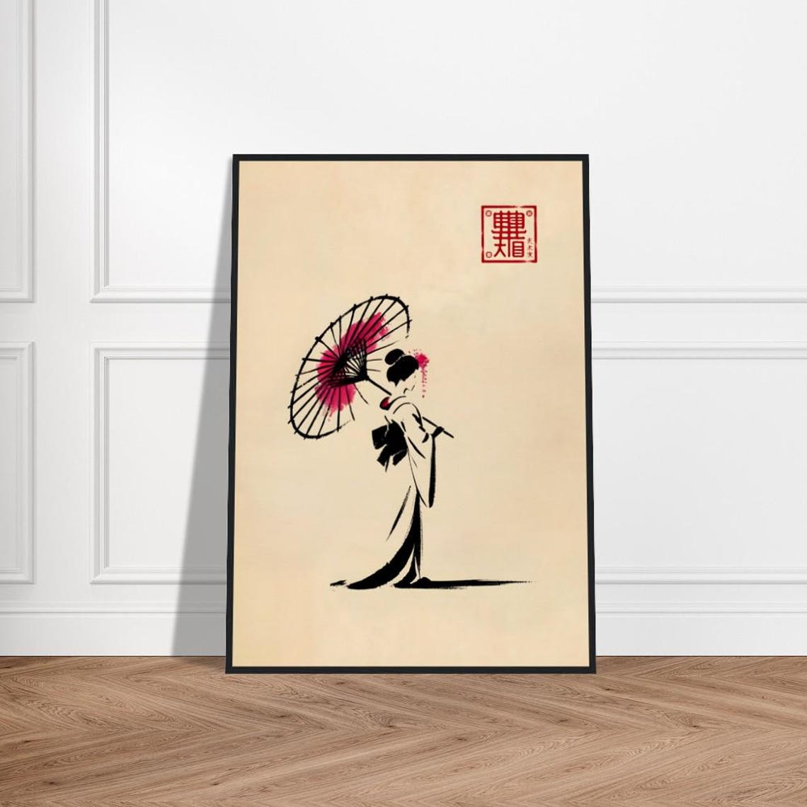 Geisha Silhouette in Profile Holding Red Paper Umbrella Ink Poster