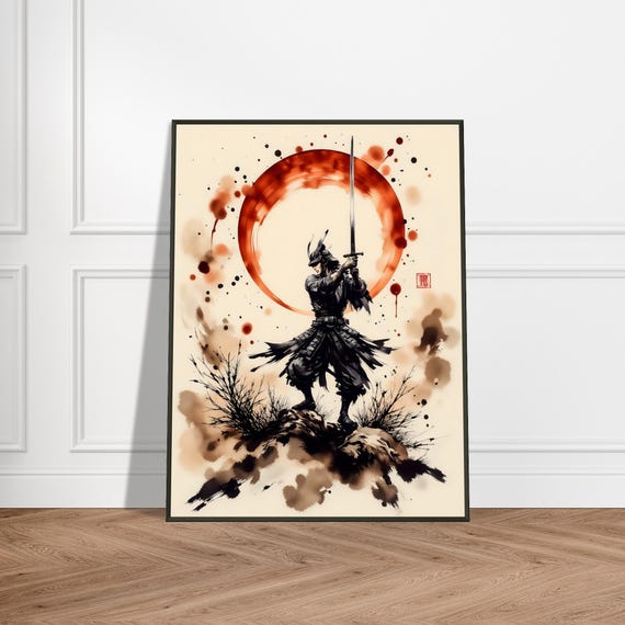Samurai Warrior Wall Art Japanese Ink Painting With Katana Red Enso Circle Bold Metal Frame Decor For Office Or Man Cave