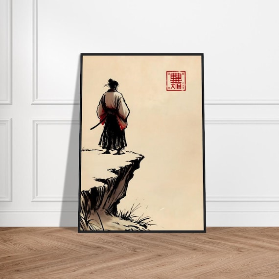 Samurai Overlooking Cliff Red Robe Japanese Sumi E Ink Poster