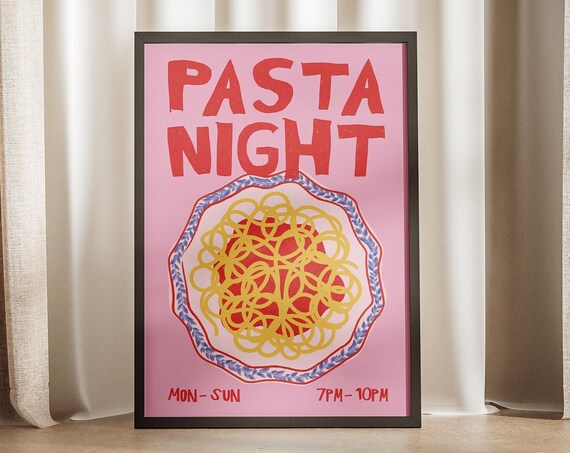 Pasta Night Spaghetti Bowl Pink Red Retro Kitchen Wall Poster