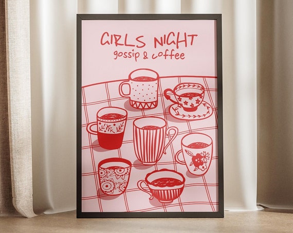 Girls Night Coffee Gossip Mugs Pattern Print Tea Time Party Poster Pink Red Drinks Coffeebar Sign Cafe Kitchen Galentines Day