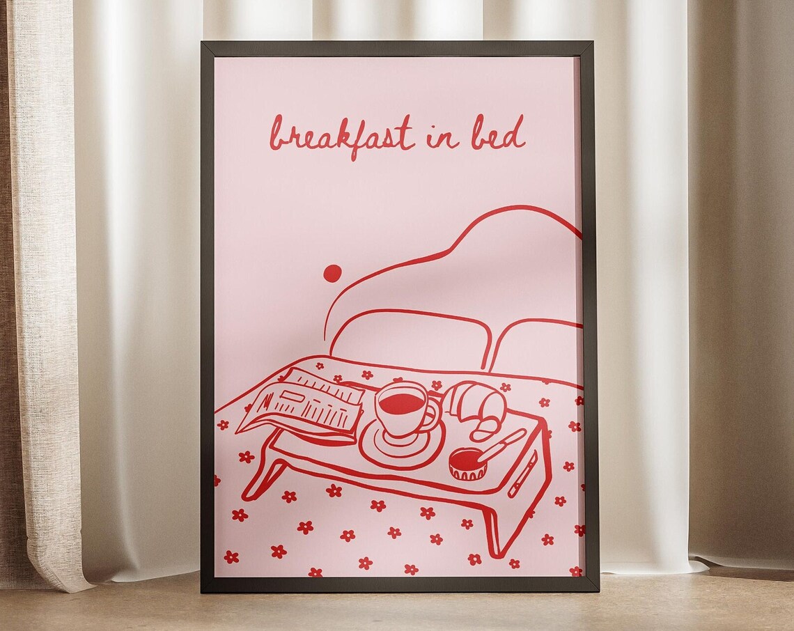Breakfast In Bed Coffee Croissant Doodle Pink Kitchen Decor Poster