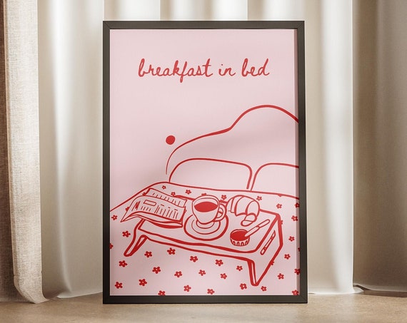 Girl Breakfast In Bed Tray Doodle Trendy Preppy Wall Art Dinner Poster Coffee Morning Red Pink Print Kitchen Food Viral Retro Croissant