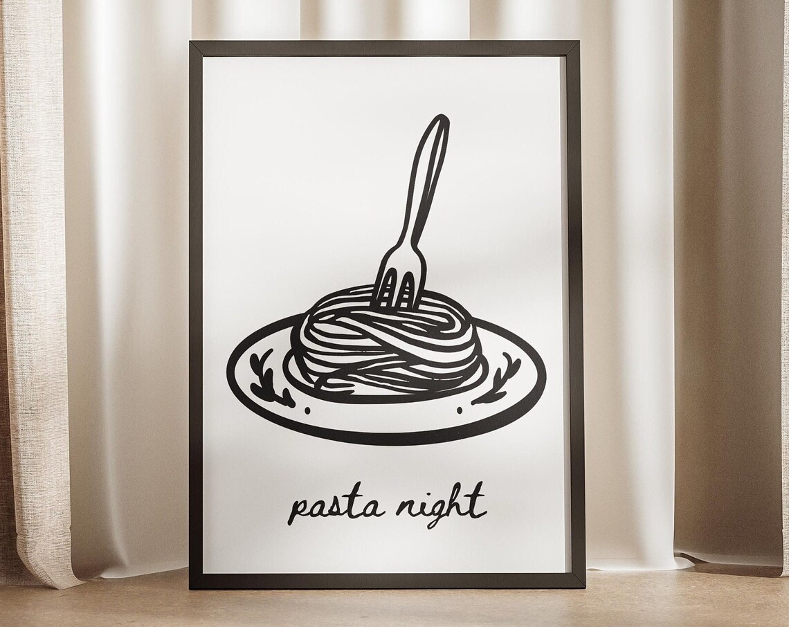 Pasta Night Spaghetti Twirl Doodle Minimalist Kitchen Art Poster