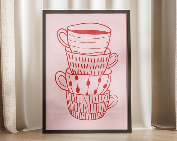 Abstract Stacked Coffee Cups Print Tea Time Party Poster Pink Red Coffeebar Sign Cafe Kitchen Preppy Decor Gift Ideas Trendy Wall Art