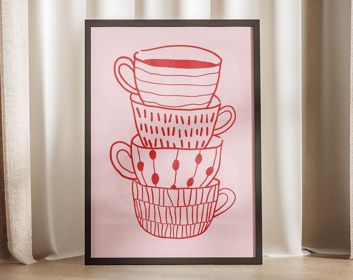 Stacked Coffee Cups Pink Red Doodle Pattern Kitchen Bar Wall Poster
