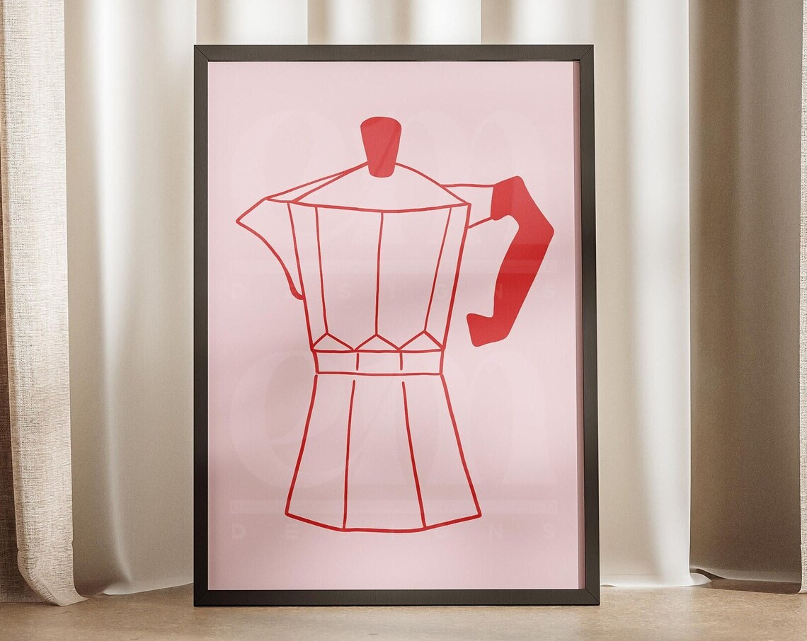 Red Line Moka Pot Espresso Maker Minimal Pink Kitchen Poster
