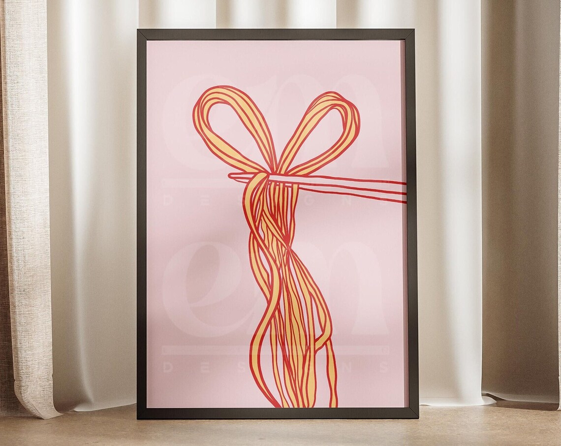 Noodle Bow Chopsticks Pink Red Coquette Kitchen Trendy Art Wall Print