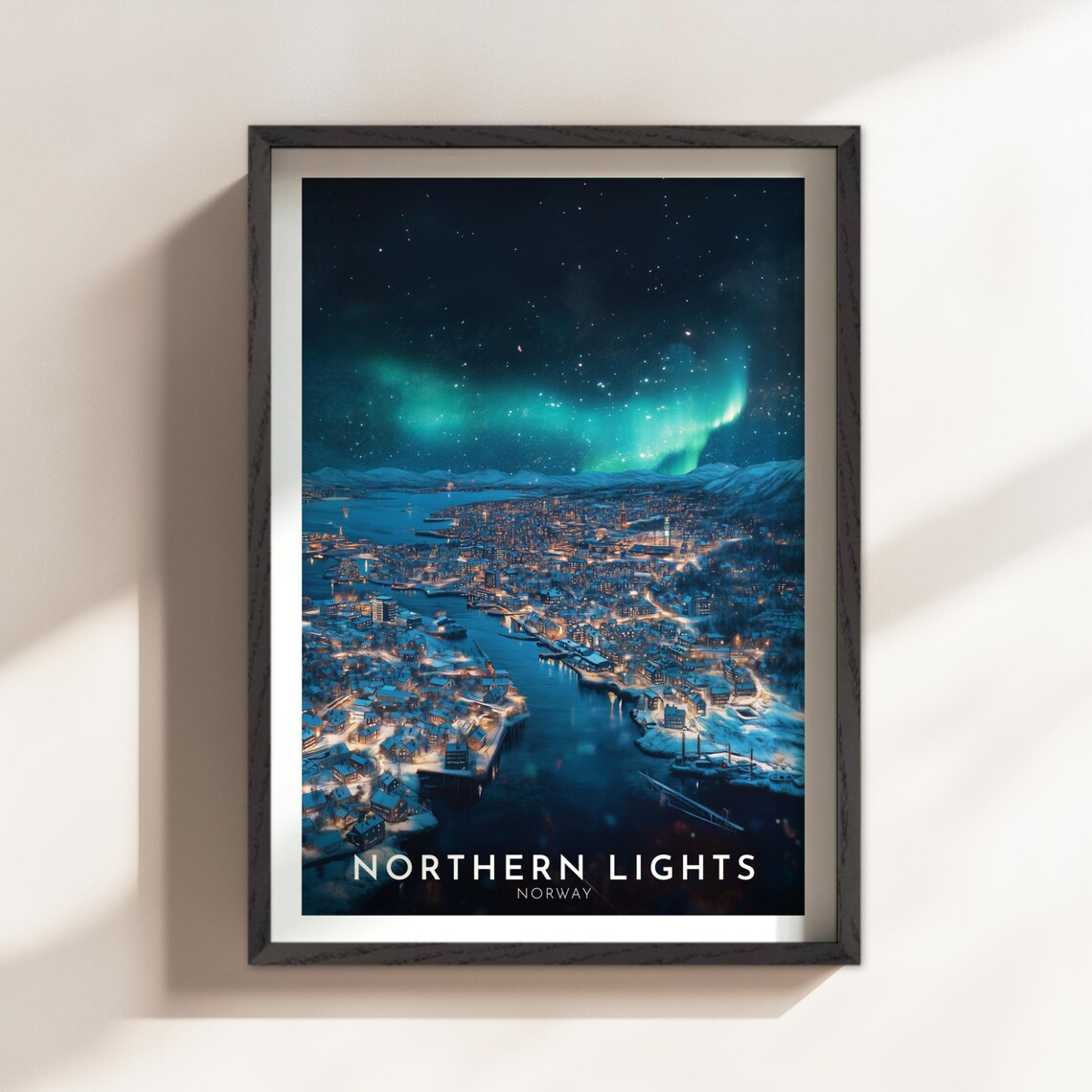 Northern Lights Norway Aurora Borealis Snowy Harbor City Night Poster