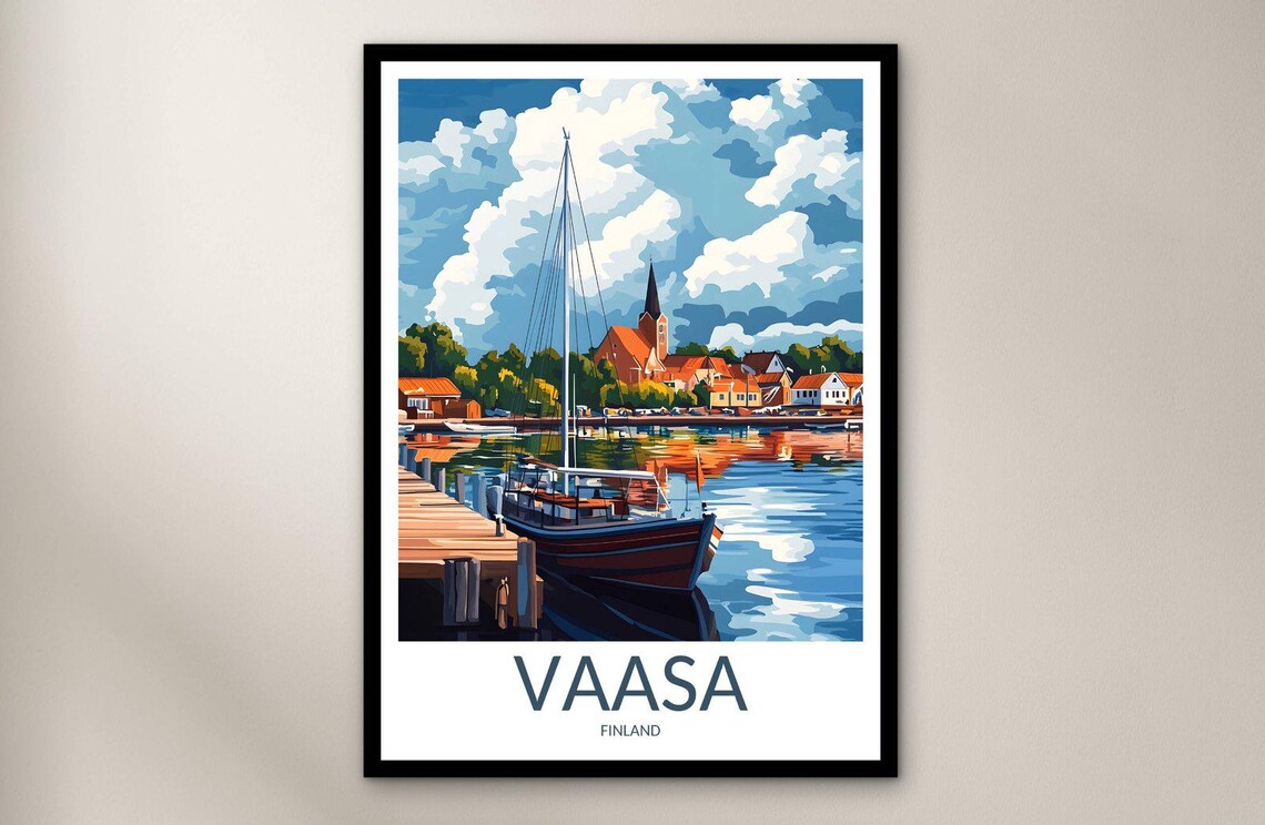 Vaasa Finland Wooden Sailboat Docked Harbor Church View Poster