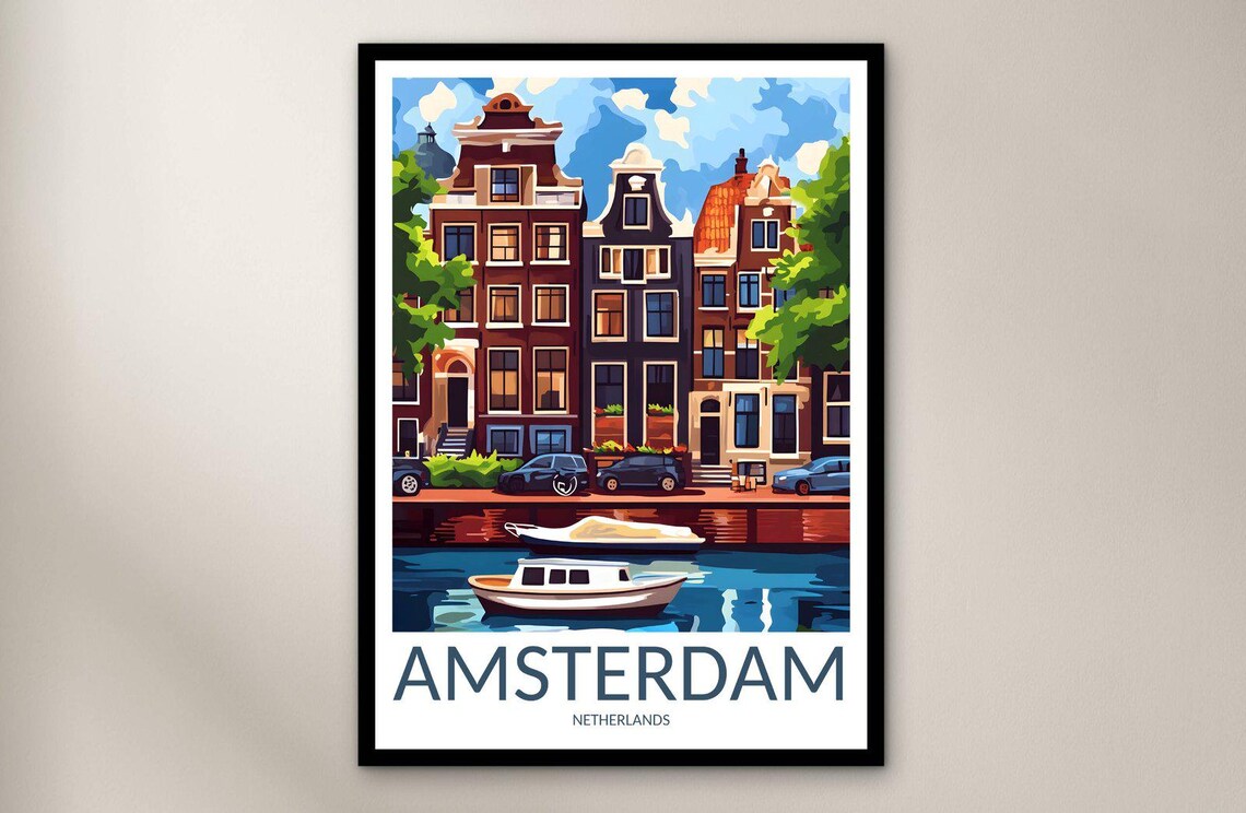 Amsterdam Canal Houses Boats Waterfront Vintage Travel Poster