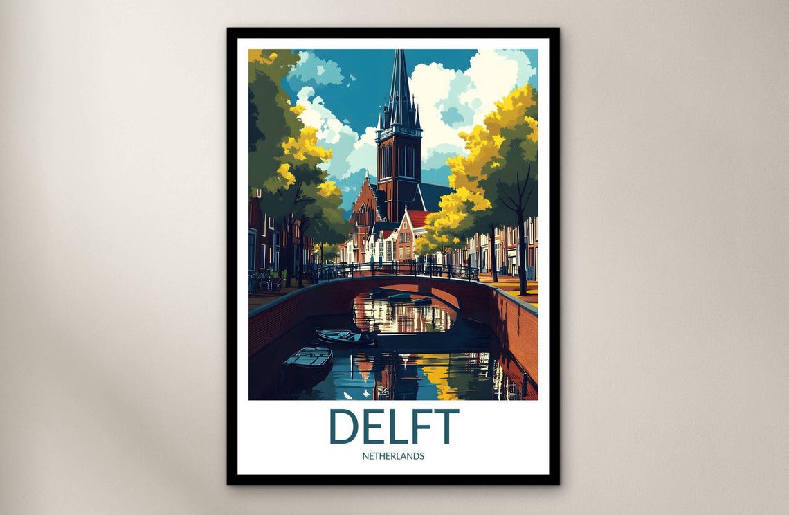 Delft Netherlands Canal Bridge Church Tower Autumn Retro Travel Poster