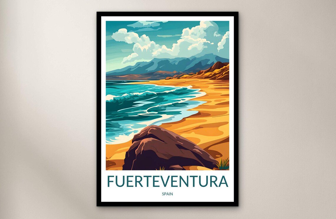 Fuerteventura Golden Beach Waves Mountain View Travel Poster