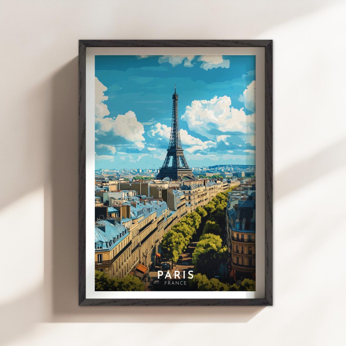 Paris Eiffel Tower Rooftops Blue Sky Sunny Day France Travel Poster