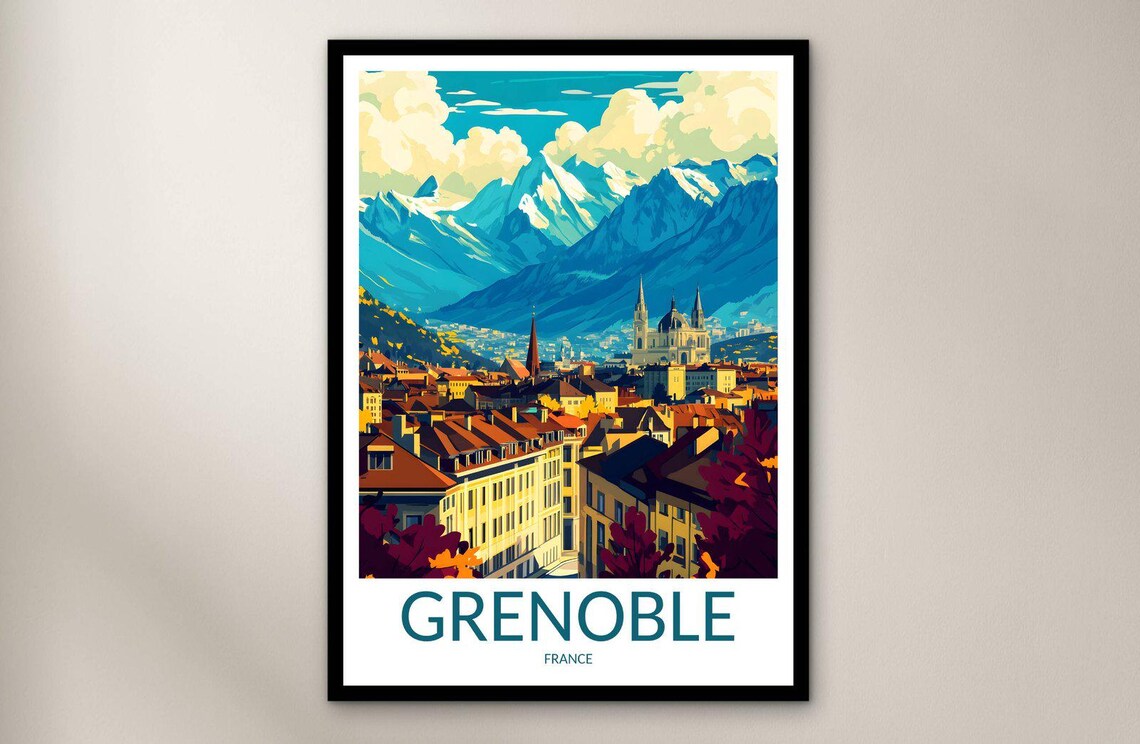 Grenoble France Travel Poster Alpine City Mountain Panorama View