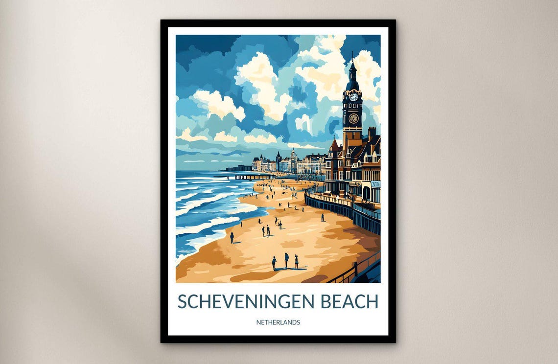 Scheveningen Beach Pier Clock Tower Seaside Vintage Travel Poster