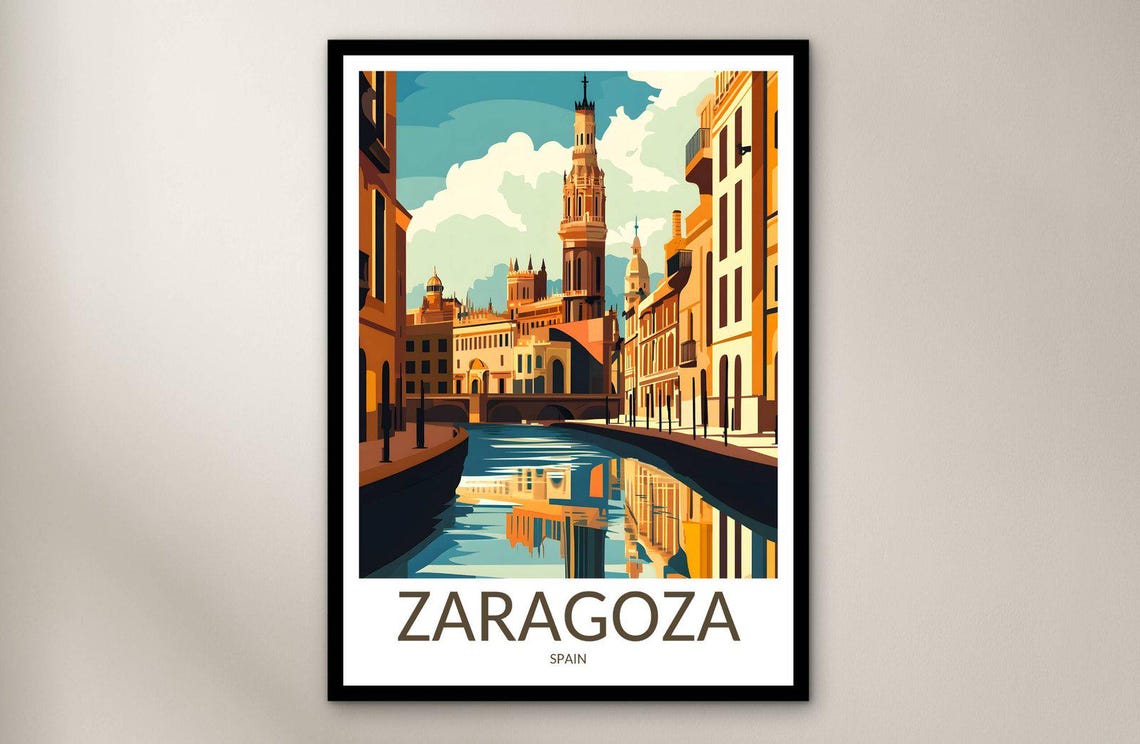 Zaragoza Riverfront Cathedral Tower Golden Light Travel Poster