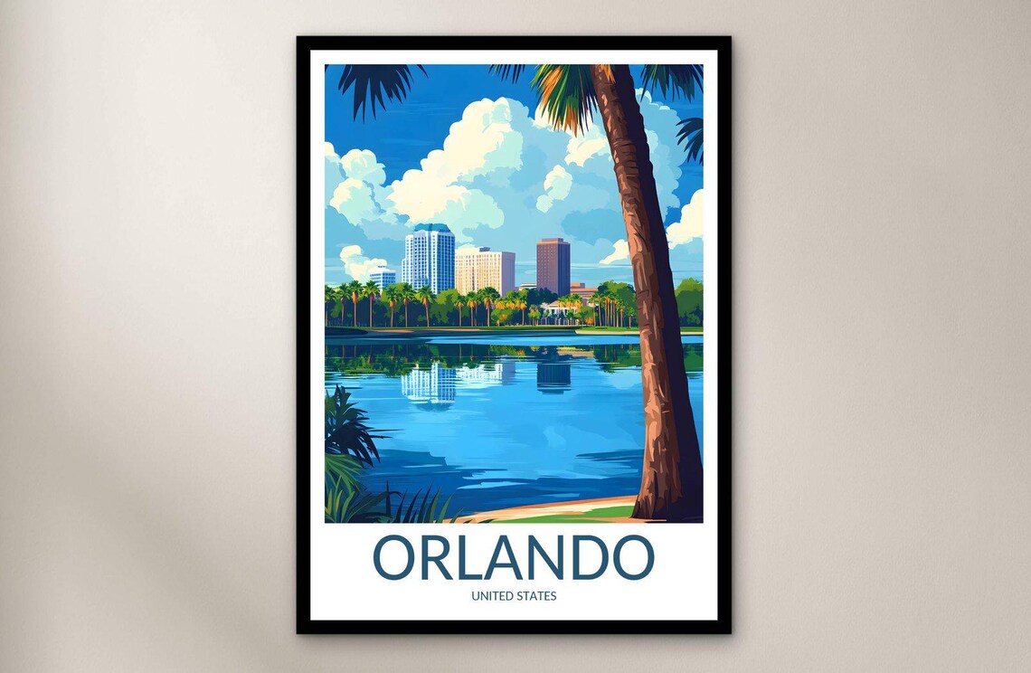 Orlando Downtown Skyline over Lake with Palm Trees Travel Poster