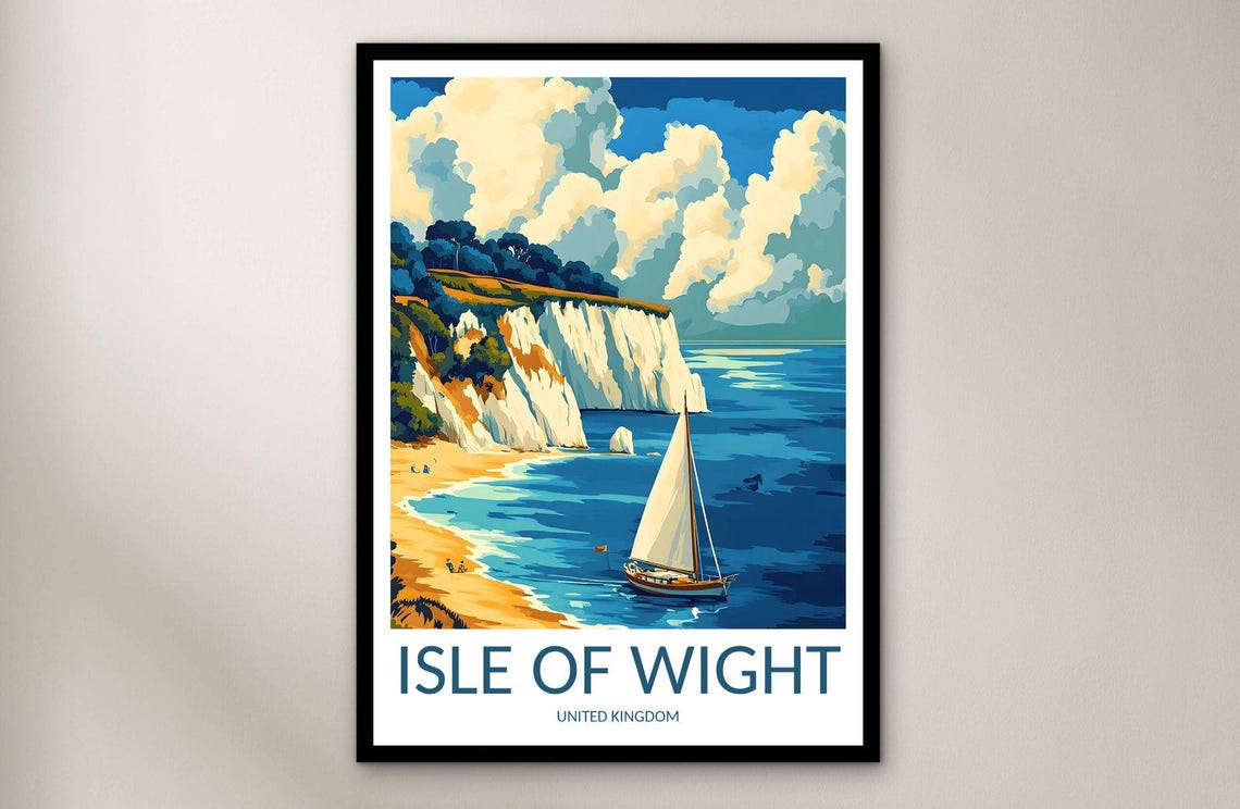 Isle Of Wight England White Cliffs Sailboat Beach Travel Poster