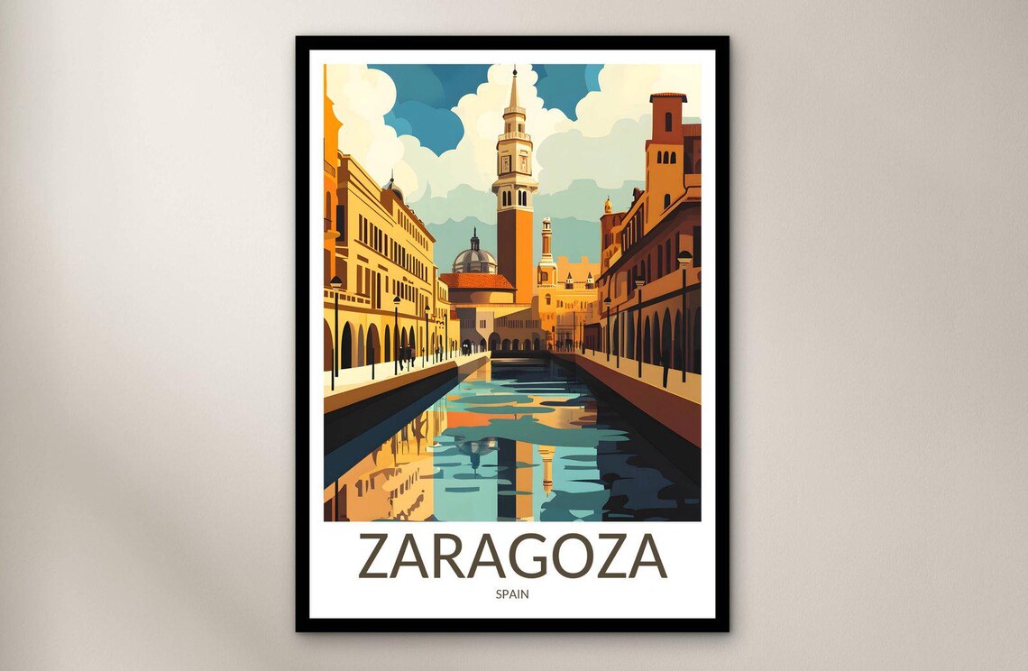 Zaragoza Canal Domed Church Old Town Reflection Travel Poster