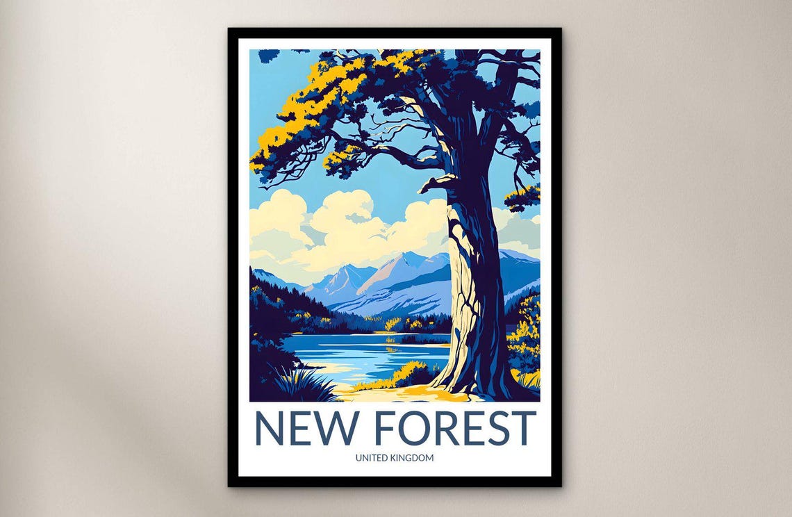 New Forest Lake Pine Tree Mountain View Vintage Travel Poster