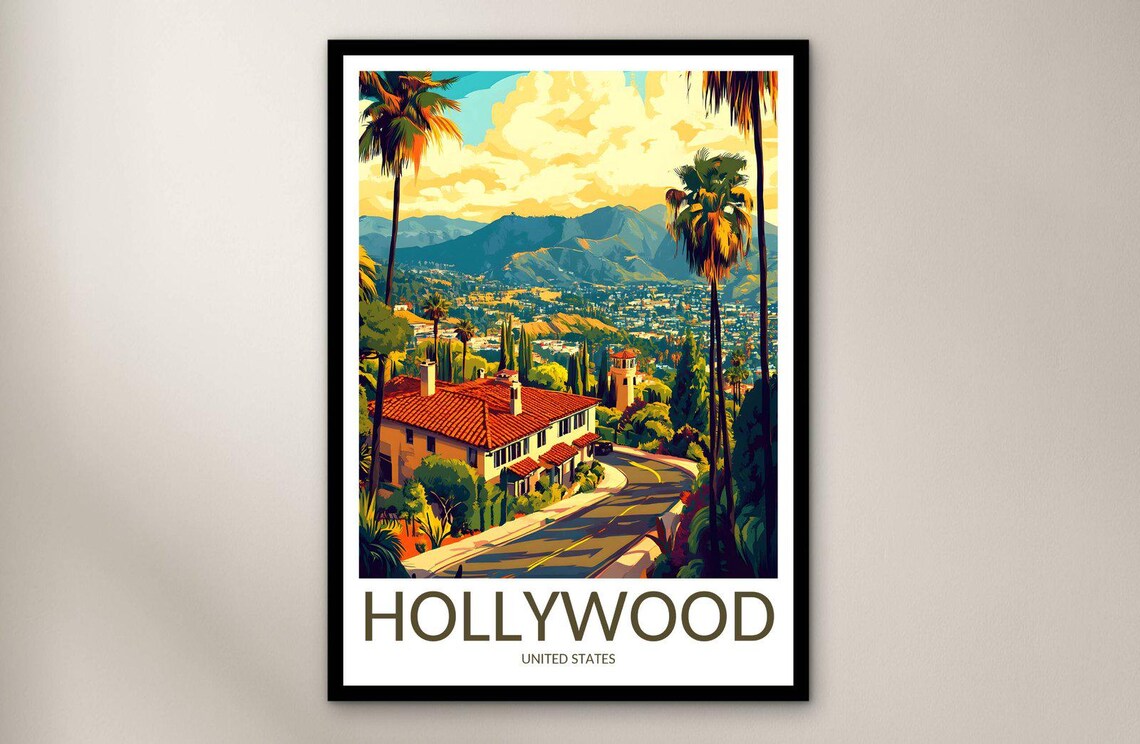 Hollywood Sunset Palm Tree Villa Cityscape Classic Travel Poster