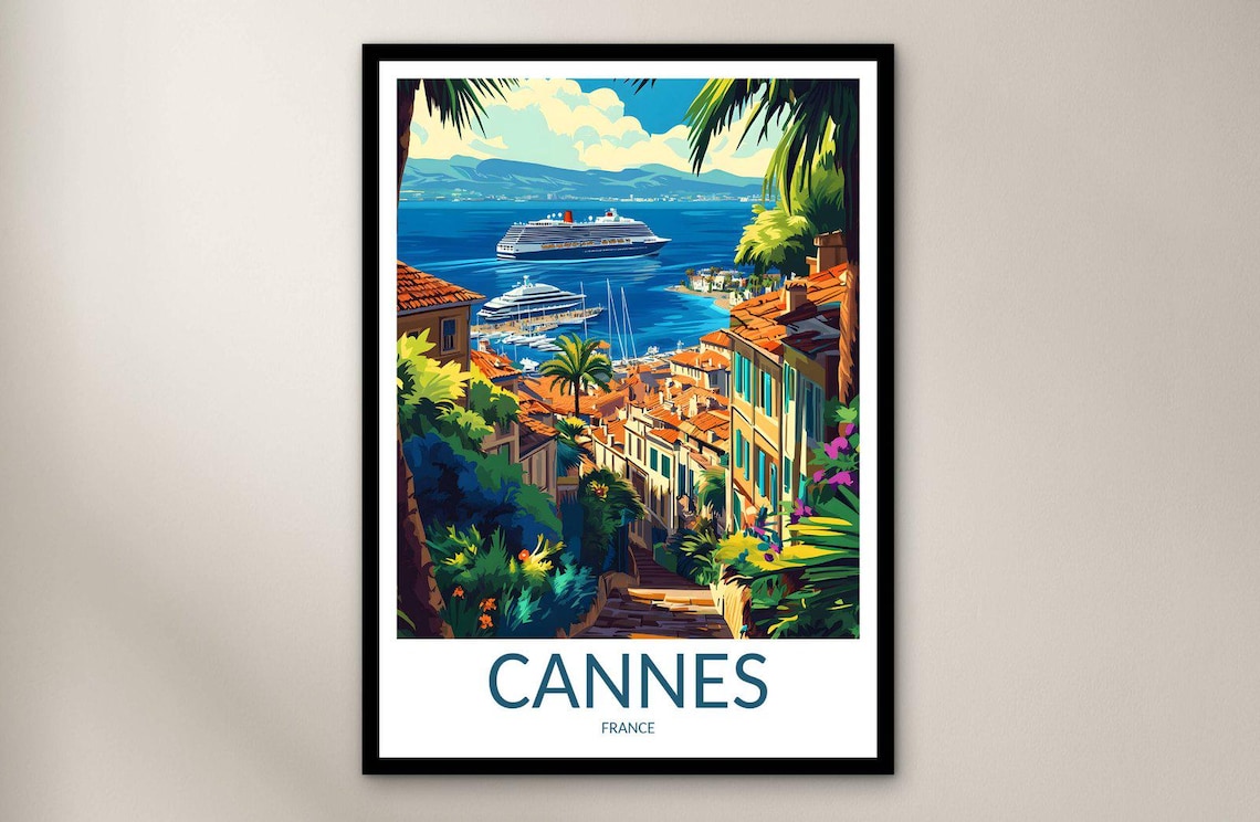 Cannes France Harbor Cruise Ships Retro Vintage Travel Poster
