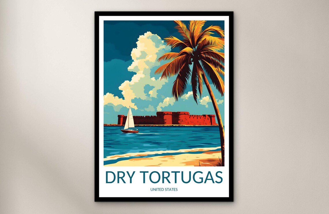 Dry Tortugas Fort Jefferson Palm Sailboat Island Florida Keys Scenic Vintage Travel Poster