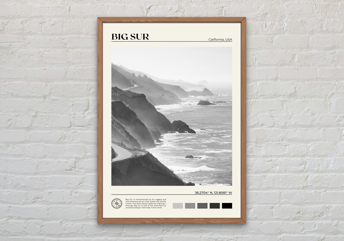 Black and White Big Sur Travel Poster, California