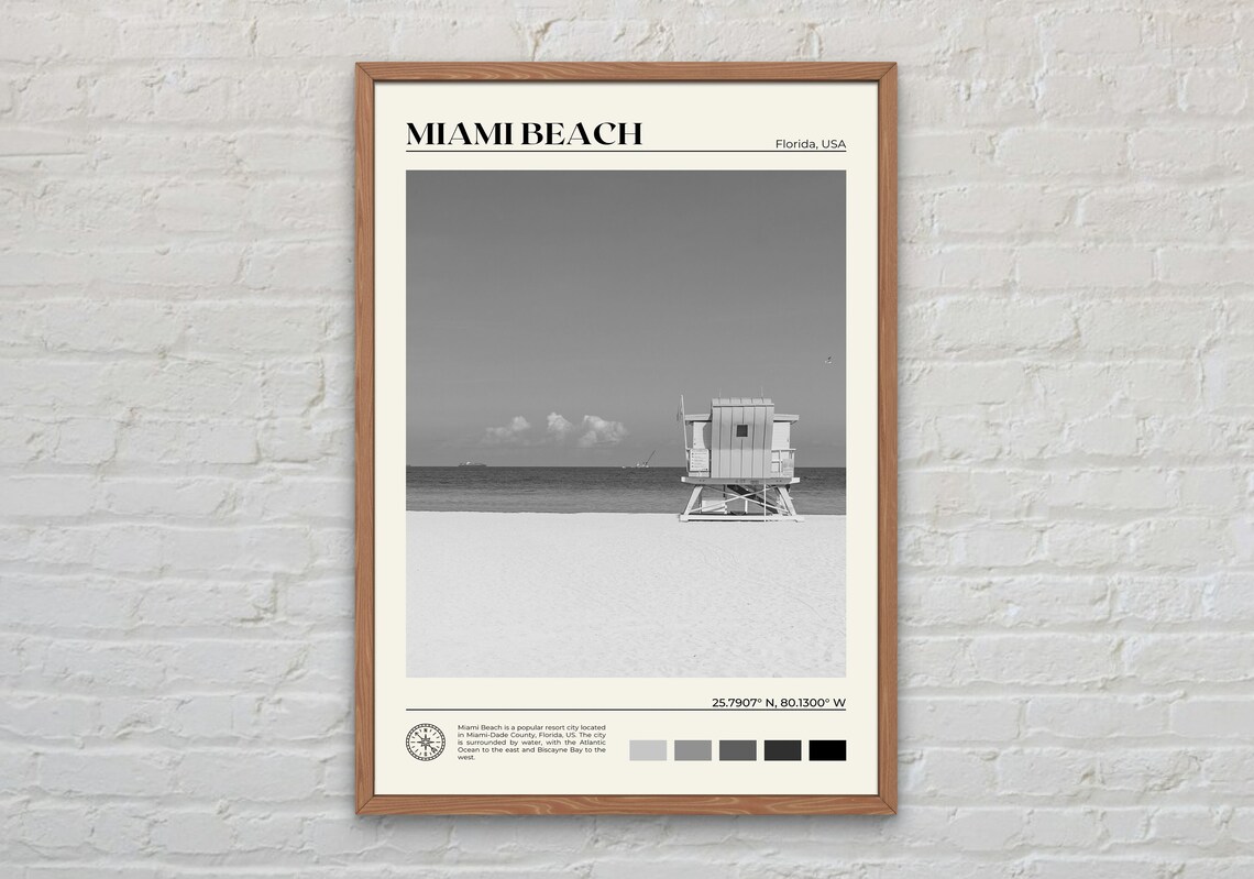 Miami Beach Black and White Travel Poster Print