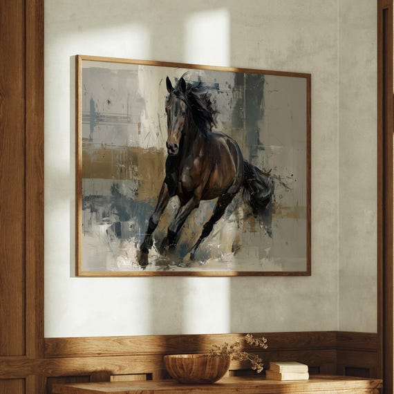 Wild Black Horse Running Abstract Painting