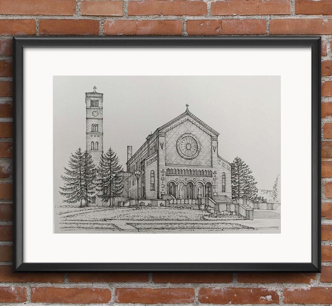 Historic Church With Clock Tower Detailed Pencil Sketch Poster