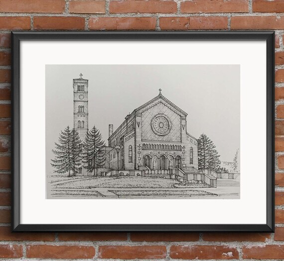 Historic Church With Clock Tower Detailed Pencil Sketch Poster