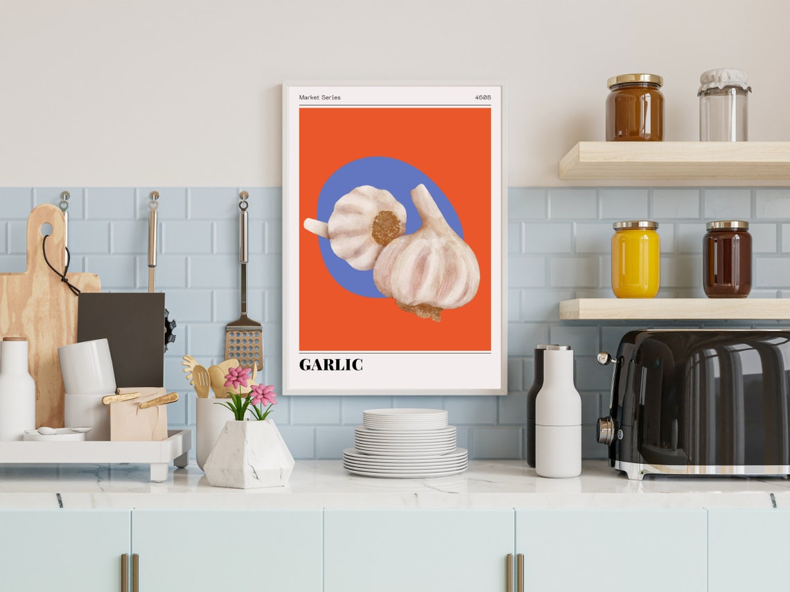 Watercolor Garlic Bulbs Market Series Bold Orange Kitchen Poster - Image 2