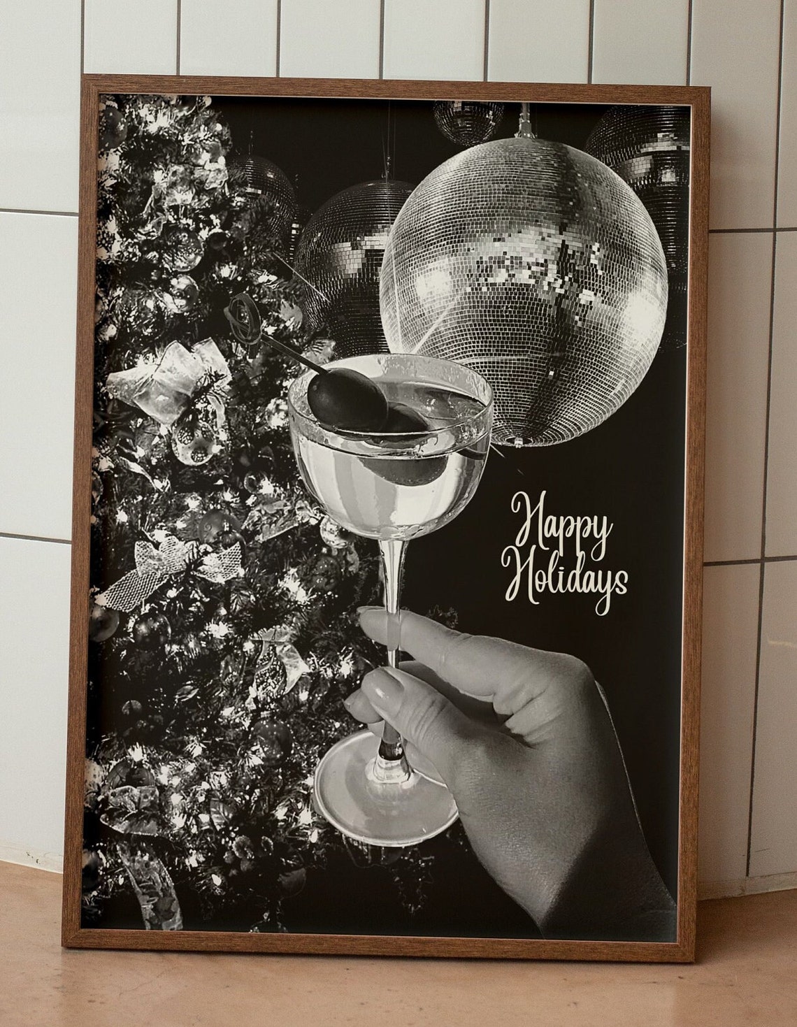 Happy Holidays Black and White Martini Disco Ball Party Poster