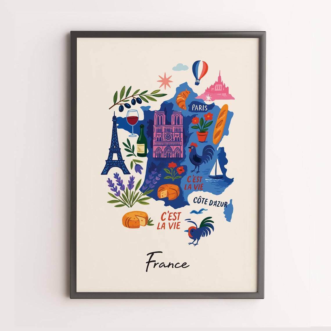 France Illustrated Map Travel Poster with Eiffel Tower Motifs