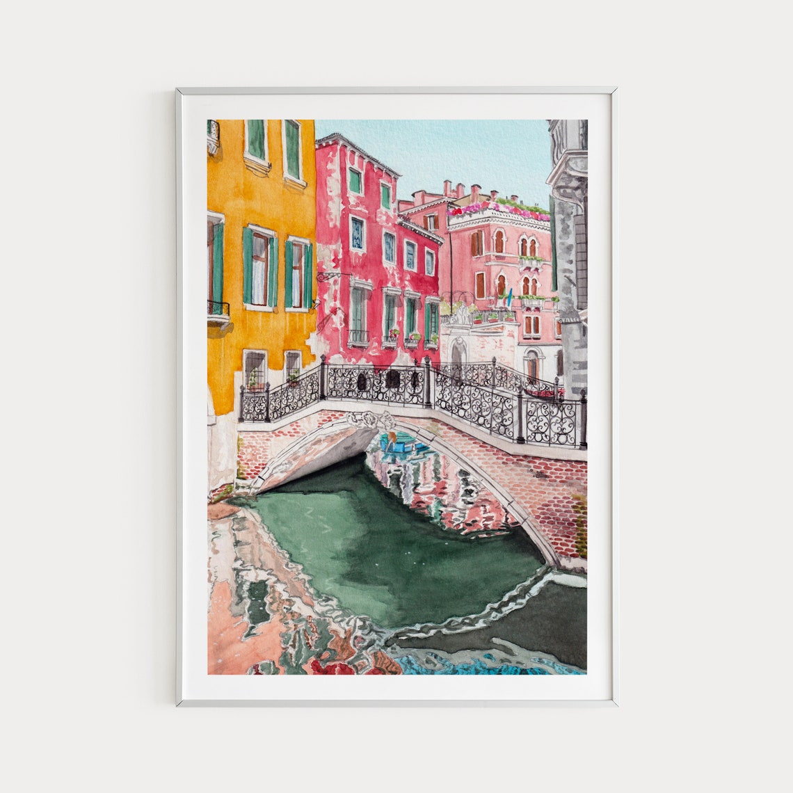 Venice Italy Canal Brick Bridge Reflection Watercolor Poster