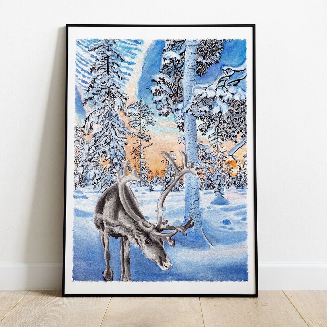 Lapland Finland Reindeer Snowy Forest Sunset Watercolor Poster - Image 2