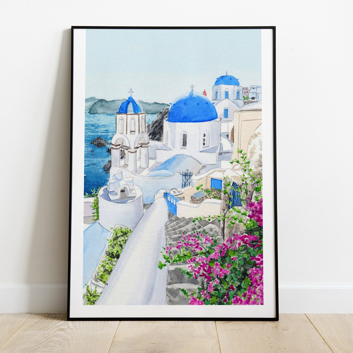 Santorini Watercolor Travel Poster, Greece Cityscape - Image 2