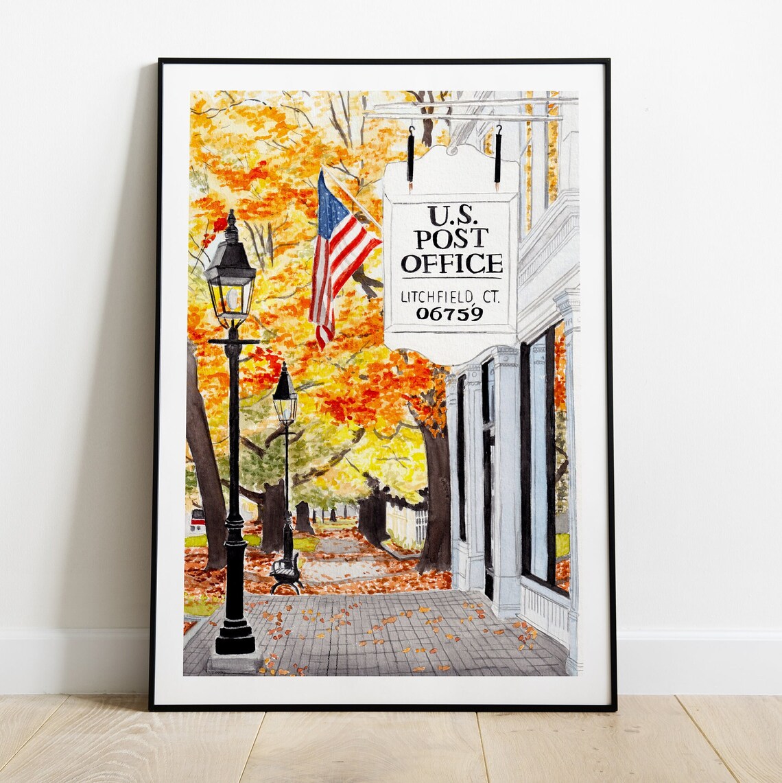 Litchfield Watercolor Travel Poster, Connecticut Cityscape - Image 2