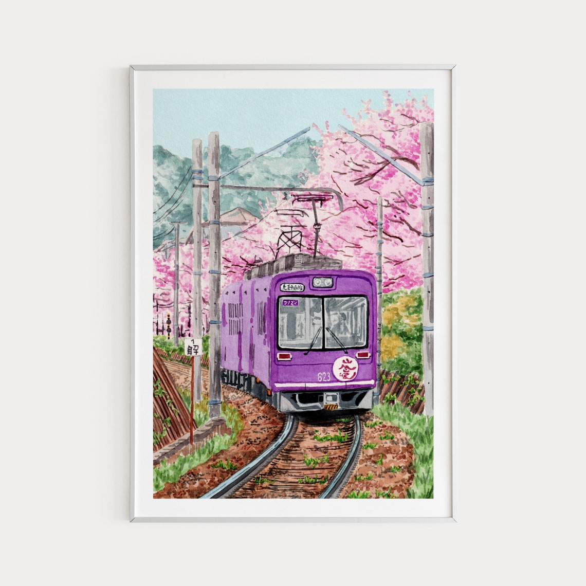 Japan Purple Train Cherry Blossom Tunnel Spring Morning Poster