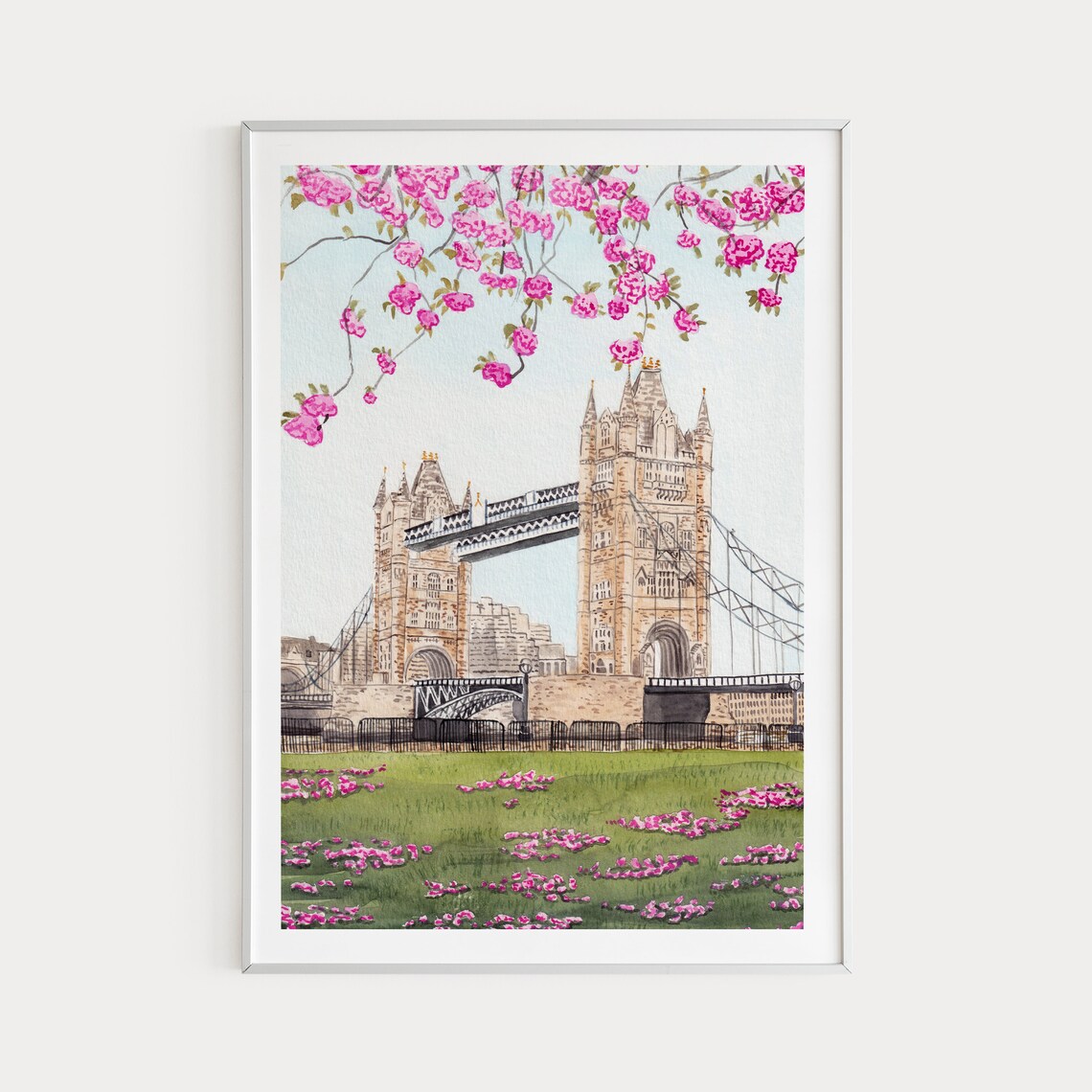 Tower Bridge Watercolor Art Print, London Cityscape