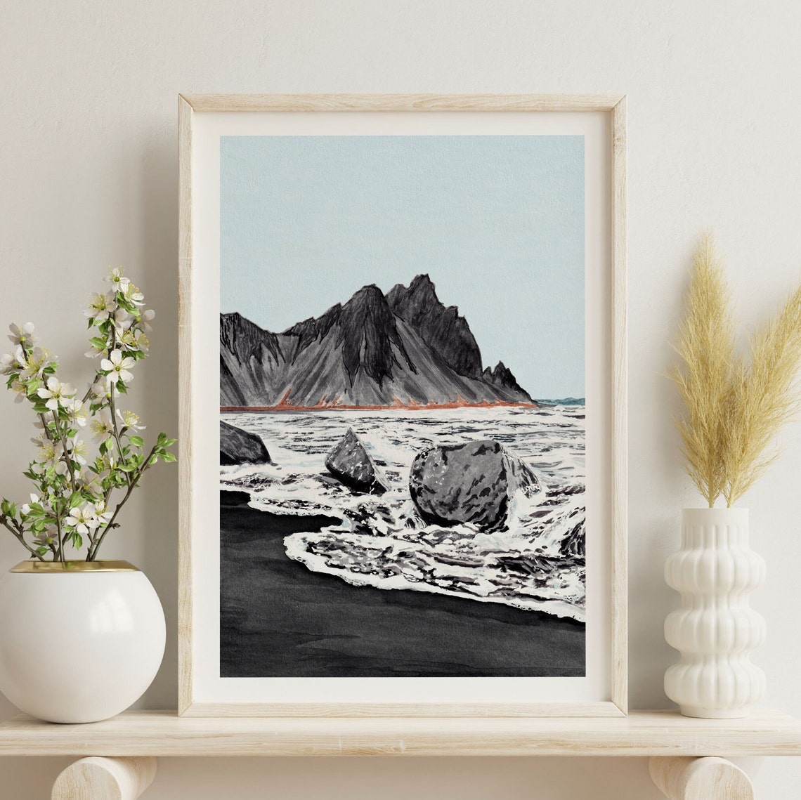 Iceland Black Sand Beach Waves Basalt Peaks Watercolor Poster - Image 2