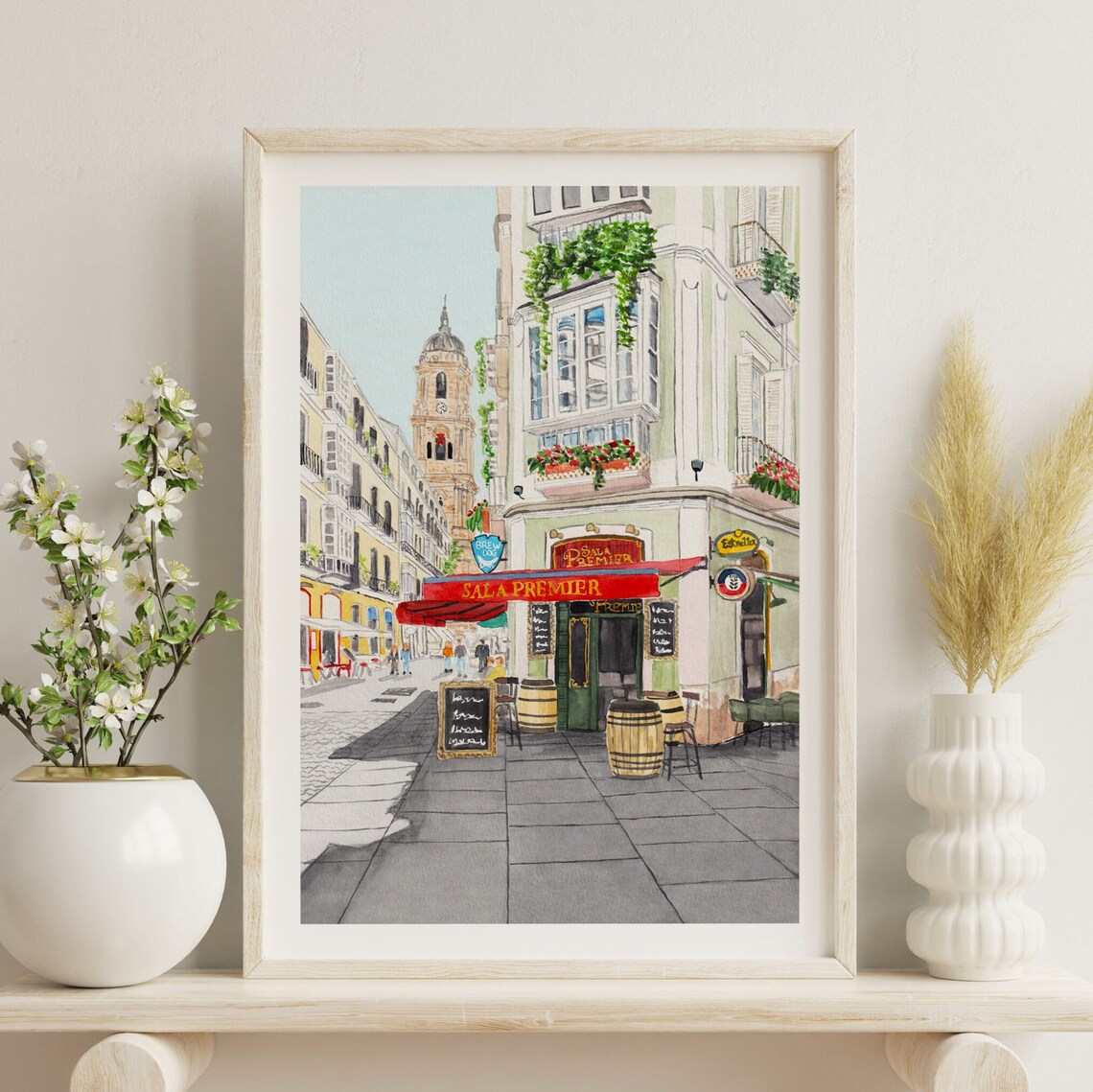 Malaga Spain Sunny Street Cafe Cathedral Tower Watercolor Poster - Image 3